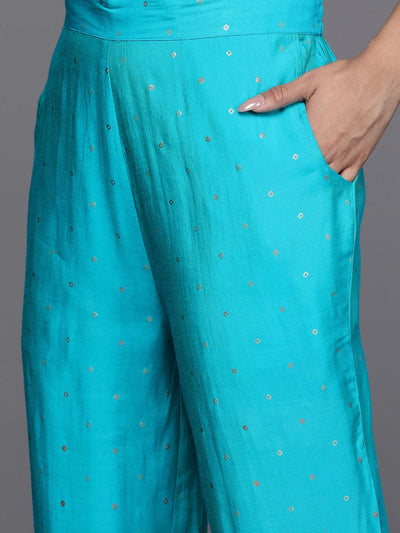 Turquoise Blue Printed Silk Blend Kaftan Kurta With Trousers - Libas