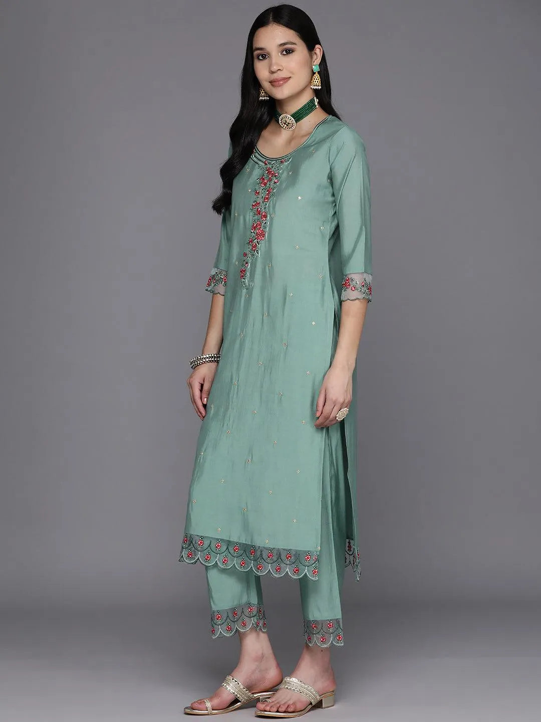 Turquoise Blue Printed Silk Blend Straight Kurta With Trousers & Dupatta - Libas 