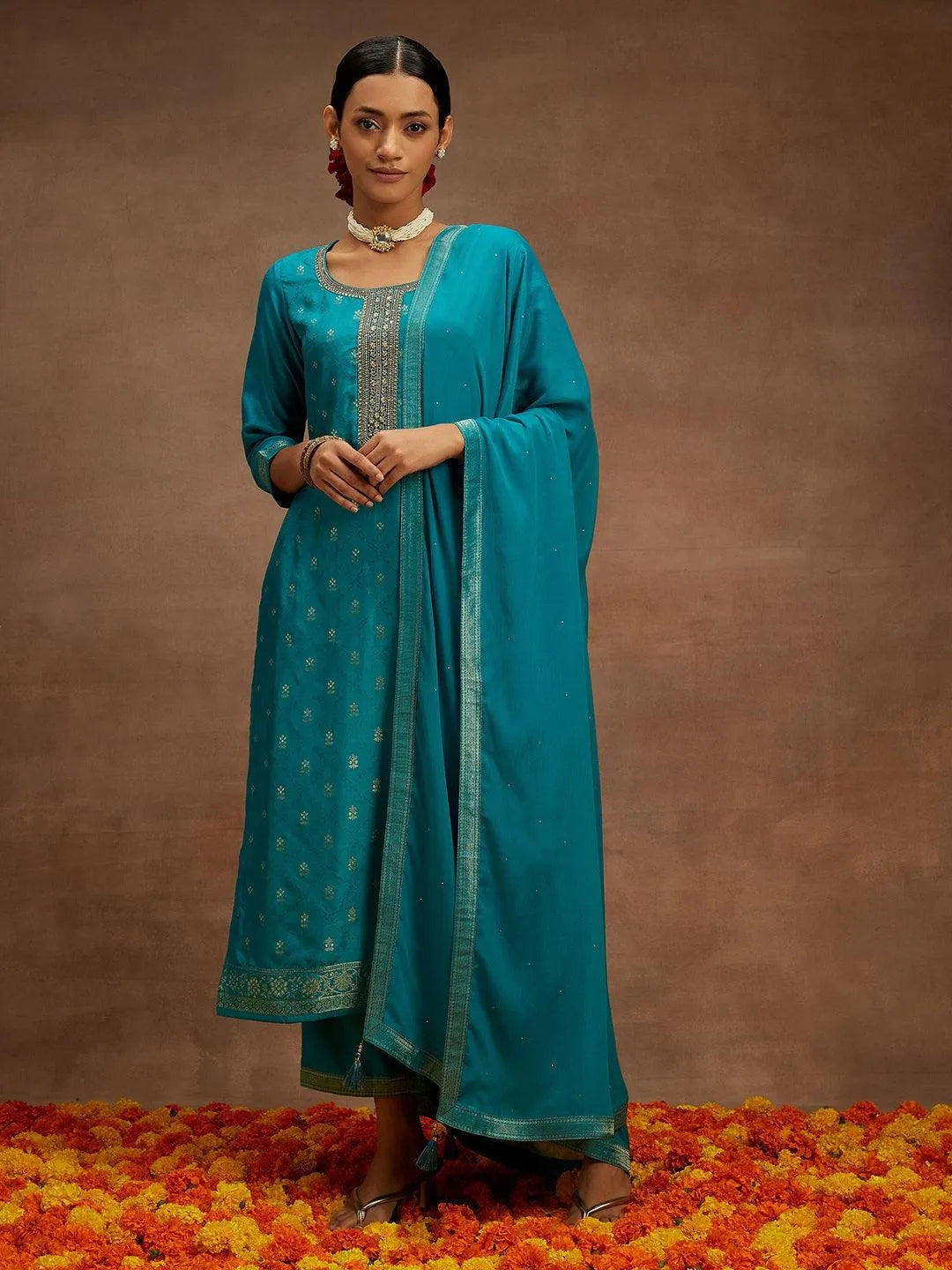 Turquoise Blue Printed Silk Blend Straight Kurta With Trousers & Dupatta - Libas 
