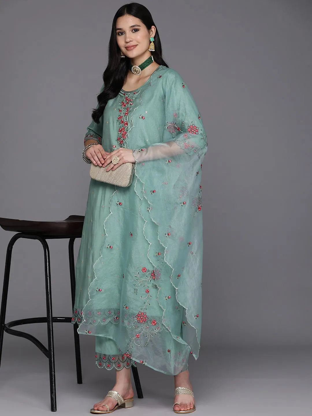 Turquoise Blue Printed Silk Blend Straight Kurta With Trousers & Dupatta - Libas 