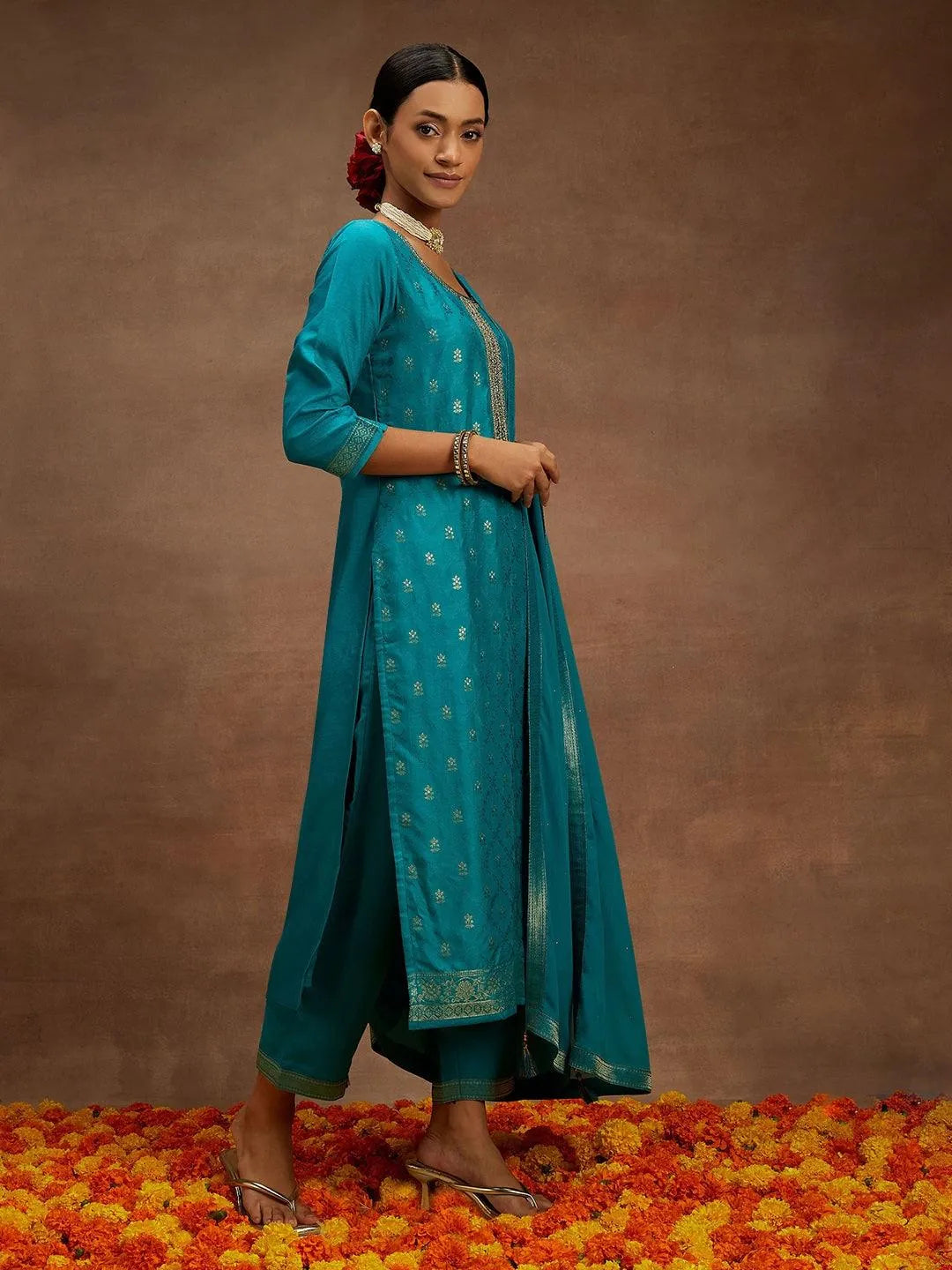 Turquoise Blue Printed Silk Blend Straight Kurta With Trousers & Dupatta - Libas 
