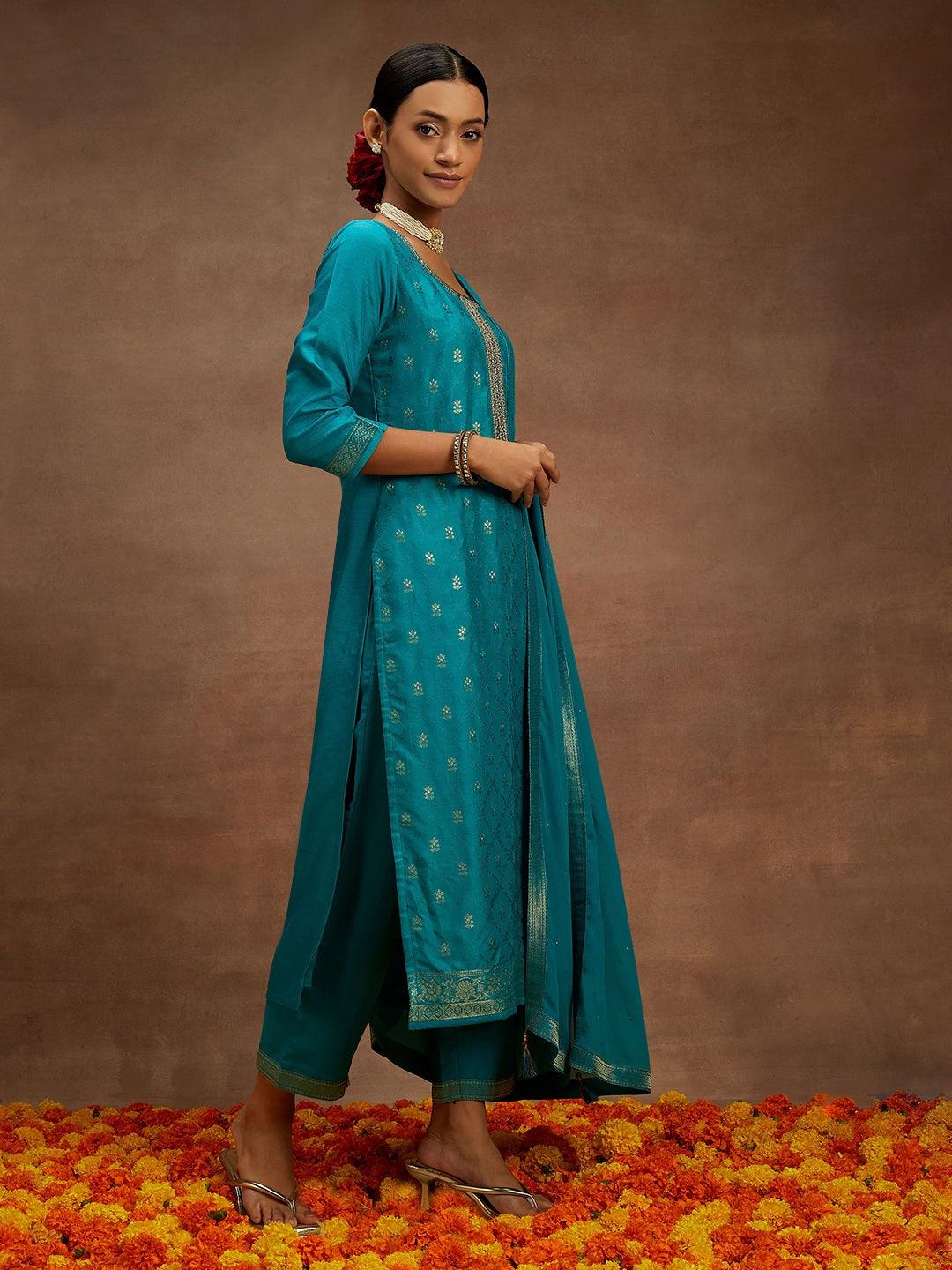 Turquoise Blue Printed Silk Blend Straight Kurta With Trousers & Dupatta - Libas