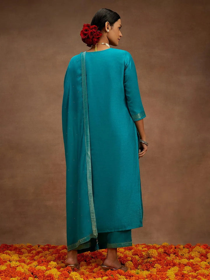 Turquoise Blue Printed Silk Blend Straight Kurta With Trousers & Dupatta - Libas