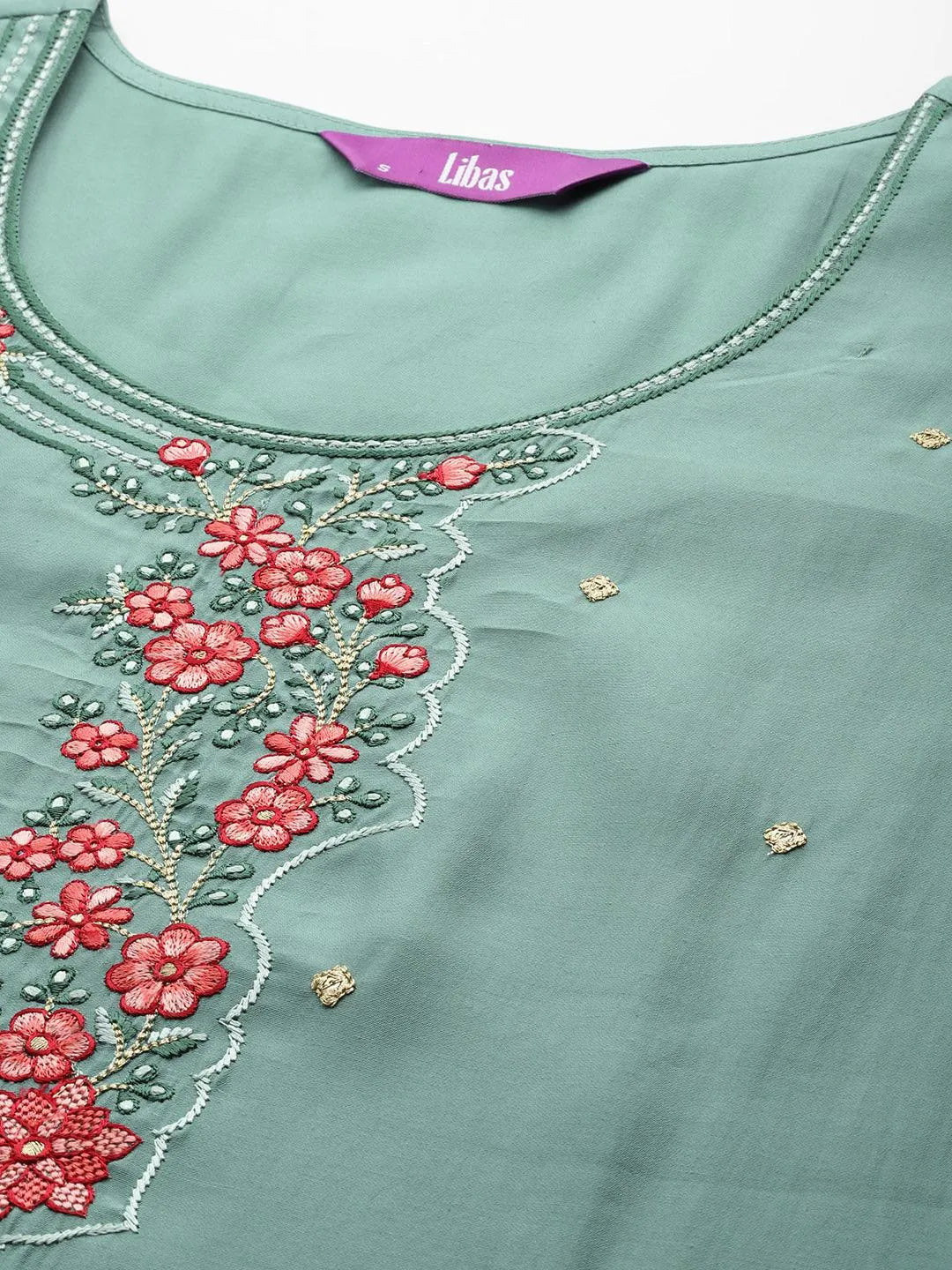 Turquoise Blue Printed Silk Blend Straight Kurta With Trousers & Dupatta - Libas 