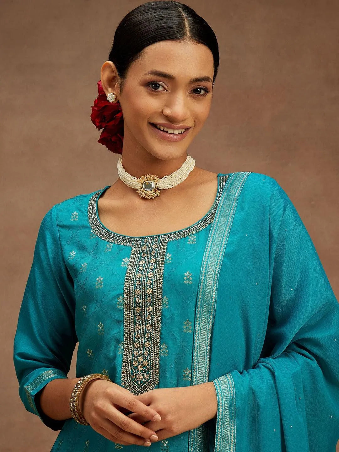 Turquoise Blue Printed Silk Blend Straight Kurta With Trousers & Dupatta - Libas 