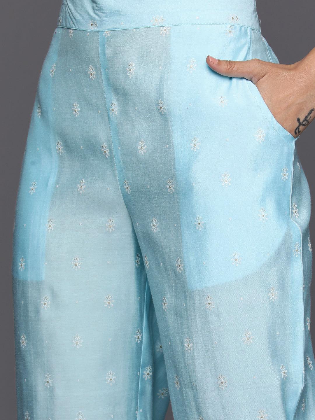 Turquoise Blue Printed Silk Blend Straight Kurta With Trousers & Dupatta