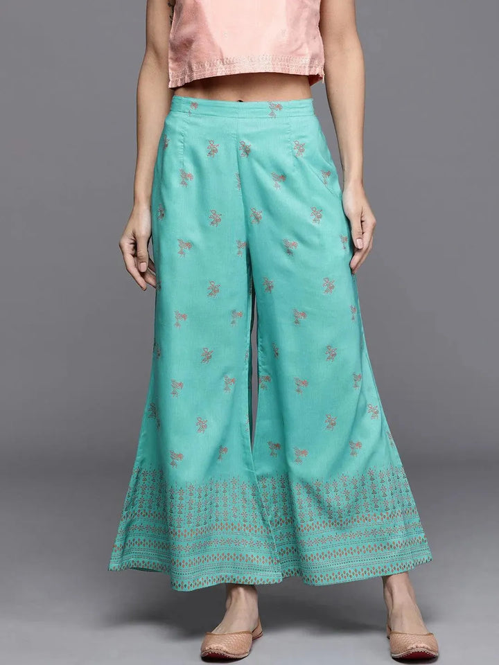 Turquoise Blue Printed Silk Palazzos - Libas