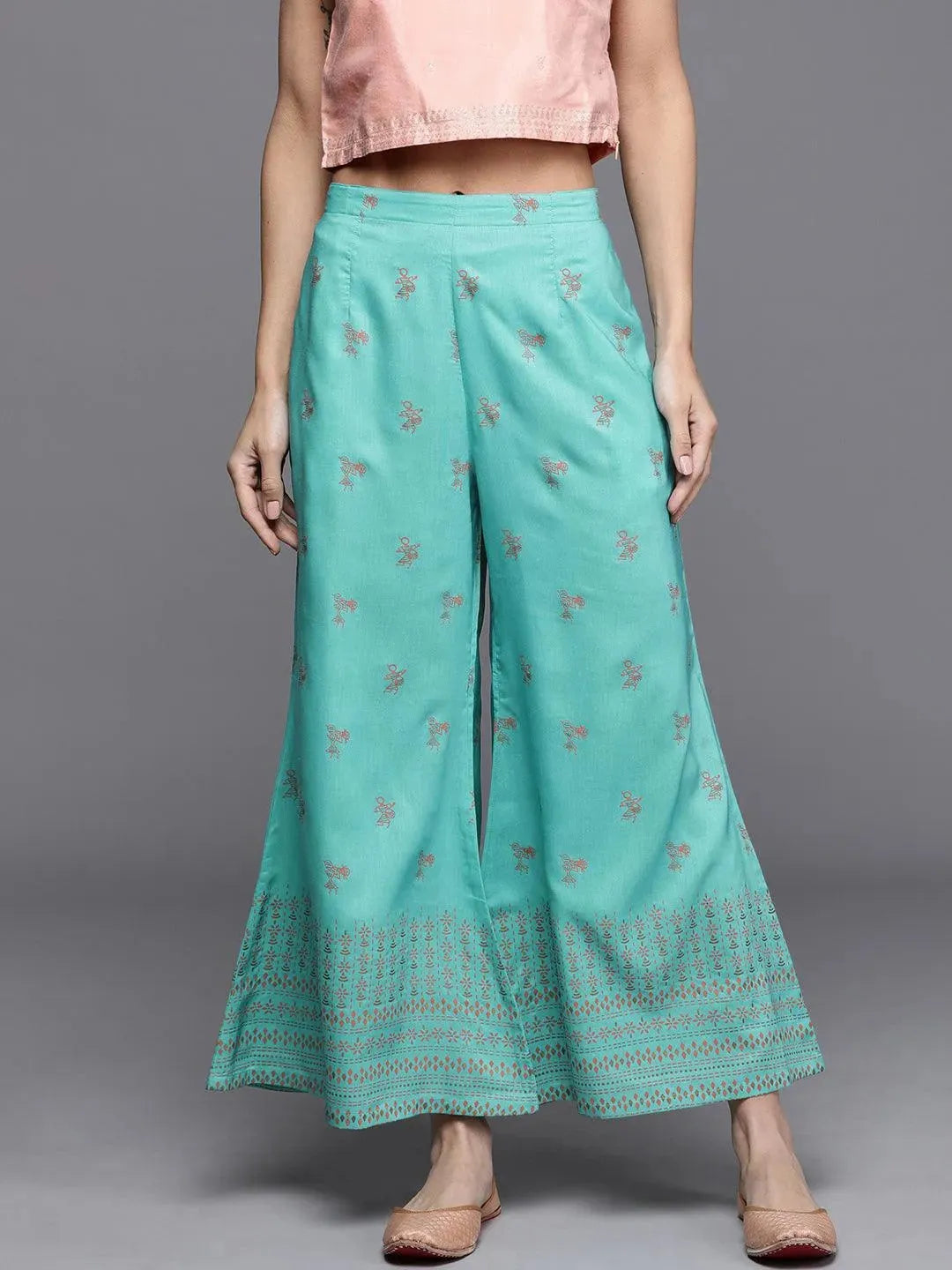 Turquoise Blue Printed Silk Palazzos - Libas