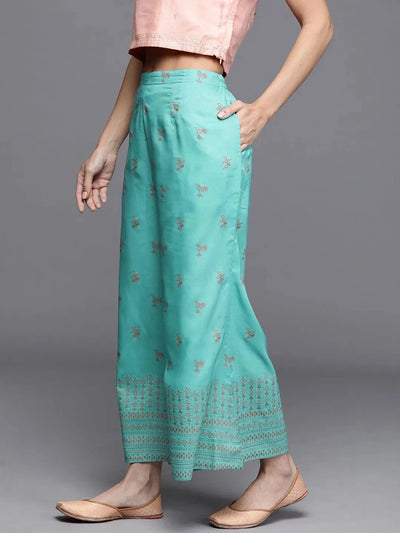 Turquoise Blue Printed Silk Palazzos - Libas