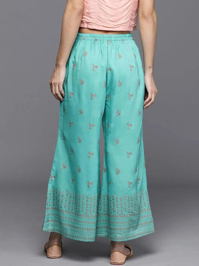 Turquoise Blue Printed Silk Palazzos - Libas