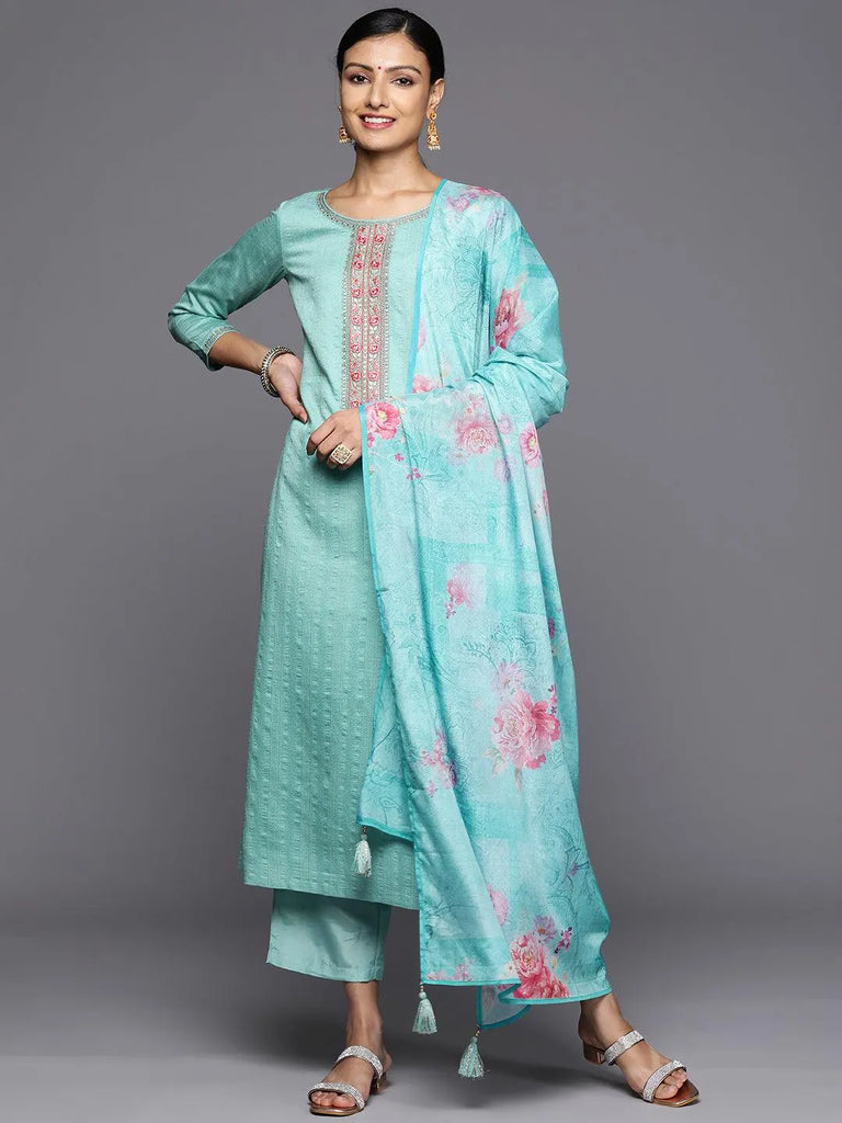 Libas Turquoise Blue Self Design Rayon Straight Kurta With Trousers & Dupatta