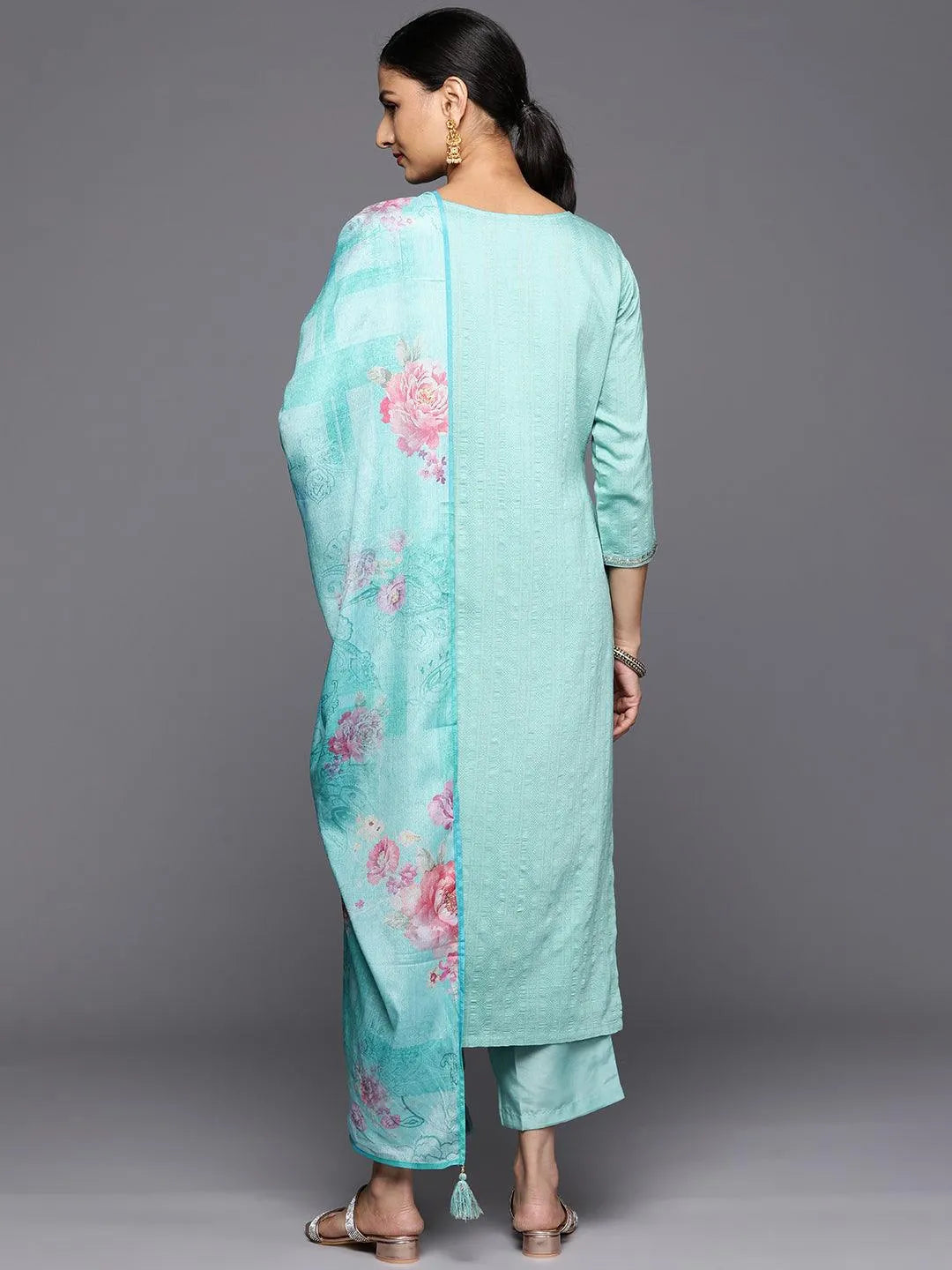 Turquoise Blue Self Design Rayon Straight Kurta With Trousers & Dupatta - Libas 