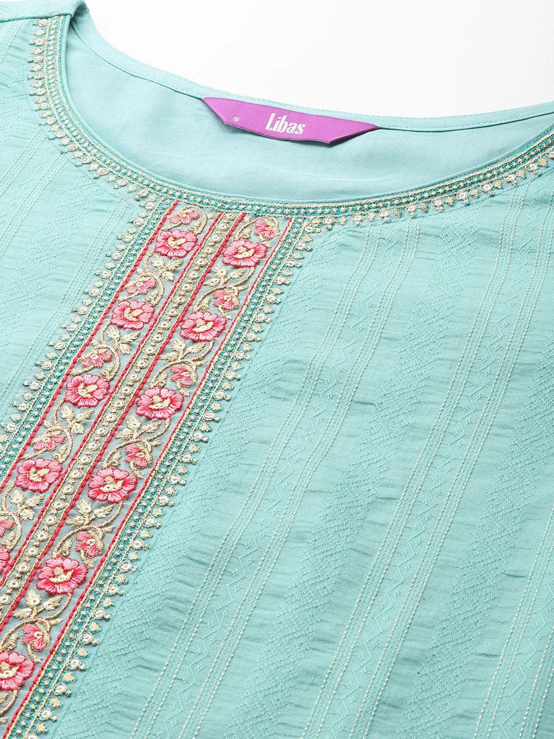 Turquoise Blue Self Design Rayon Straight Kurta With Trousers & Dupatta - Libas 