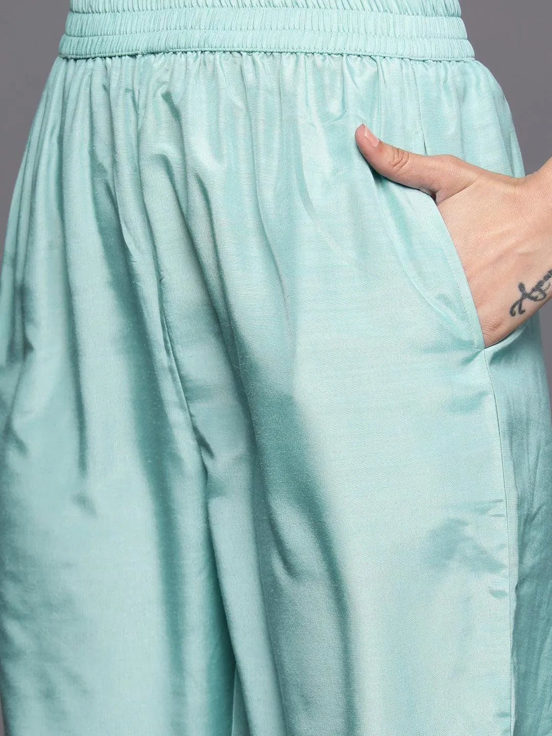 Turquoise Blue Self Design Rayon Straight Kurta With Trousers & Dupatta - Libas 