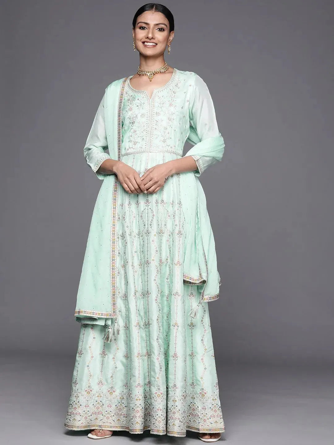 Turquoise Blue Self Design Silk Anarkali Suit Set - Libas