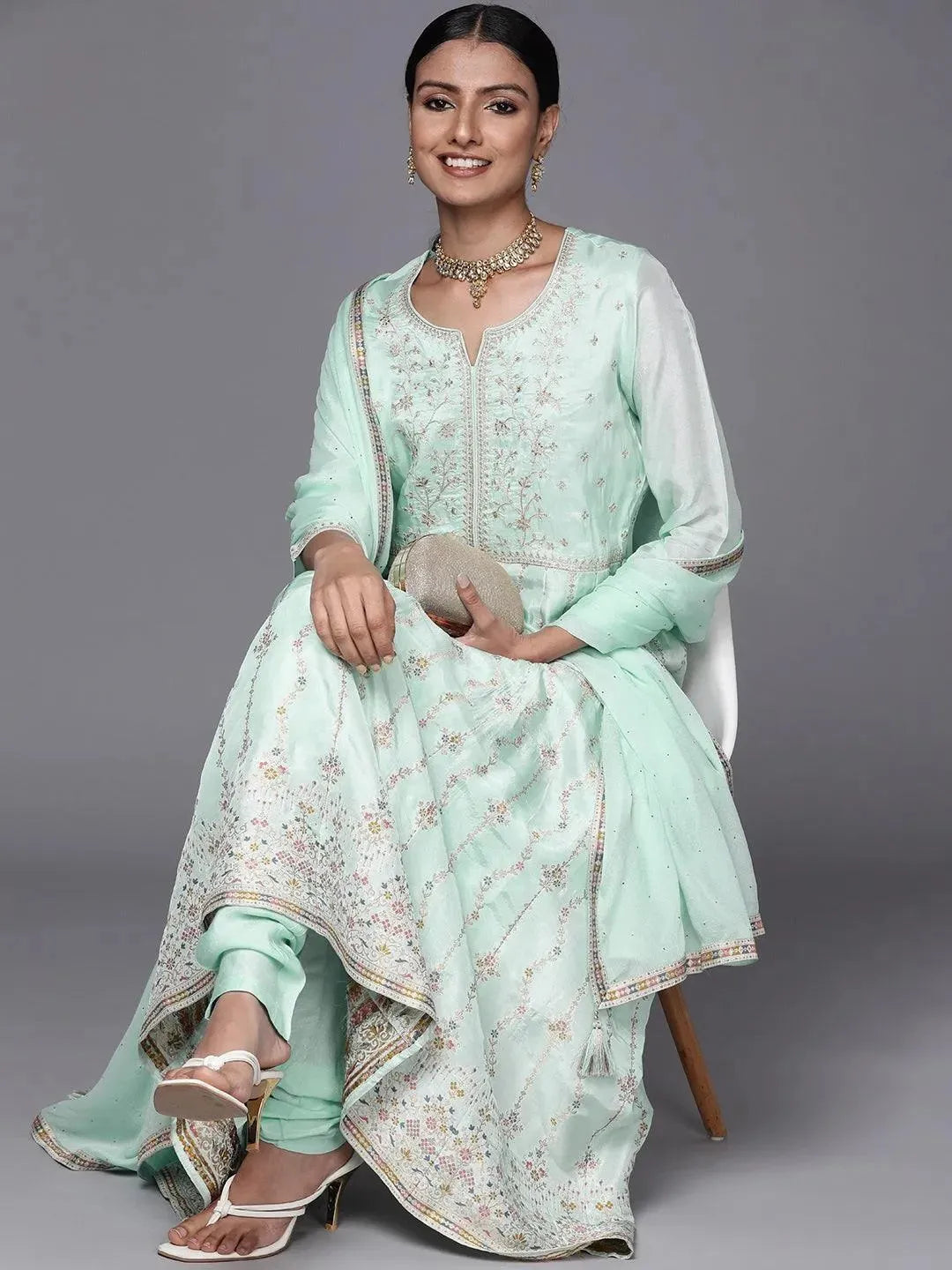 

Turquoise Blue Self Design Silk Anarkali Kurta With Churidar & Dupatta