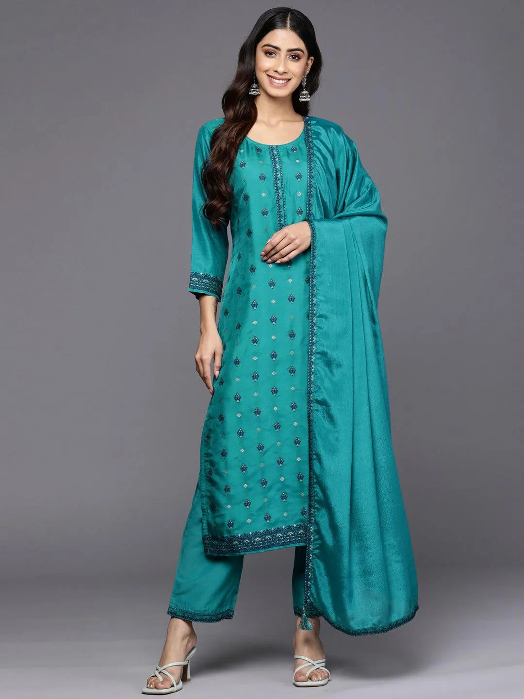 

Turquoise Blue Self Design Silk Blend Straight Kurta With Trousers & Dupatta