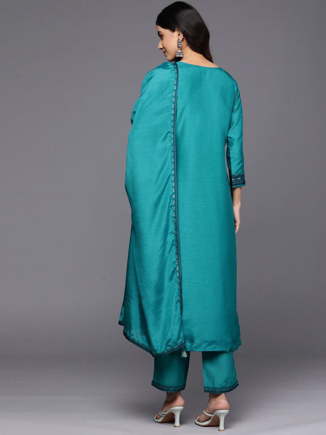 Turquoise Blue Self Design Silk Blend Straight Suit Set With Trousers - Libas