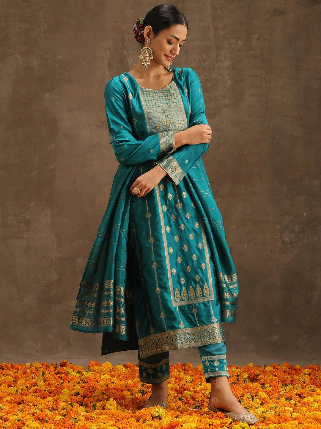 Turquoise Blue Woven Design Silk Blend Straight Suit Set With Trousers - Libas