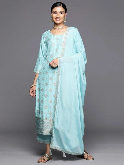 Turquoise Blue Woven Design Silk Blend Straight Kurta With Trousers & Dupatta - Libas