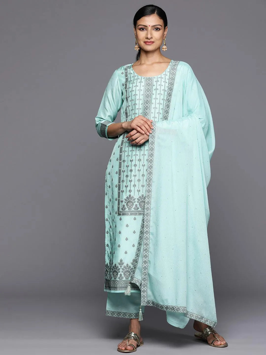 libas Turquoise Blue Woven Design Silk Blend Straight Kurta With Trousers & Dupatta-picture-16