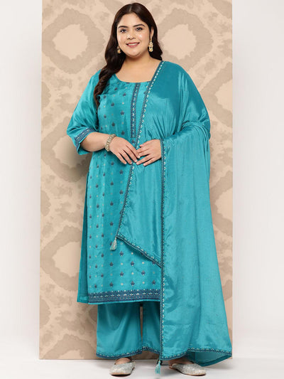 Turquoise Blue Woven Design Silk Blend Straight Kurta With Trousers and Dupatta - Libas