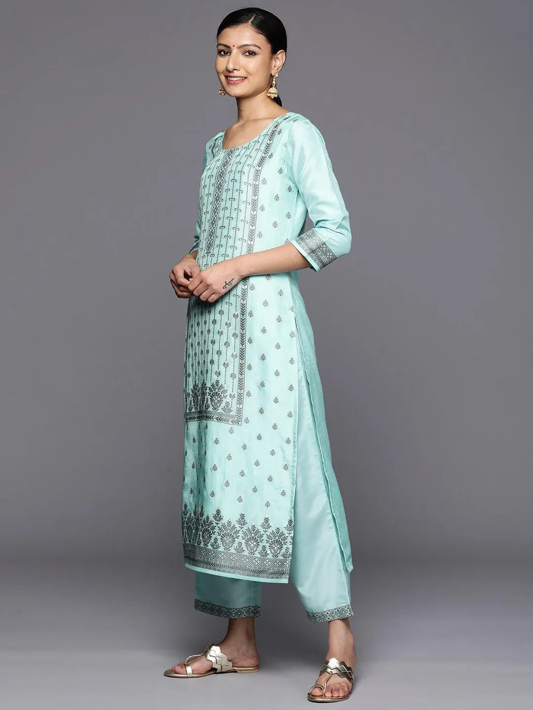 Turquoise Blue Woven Design Silk Blend Straight Kurta With Trousers & Dupatta - Libas 