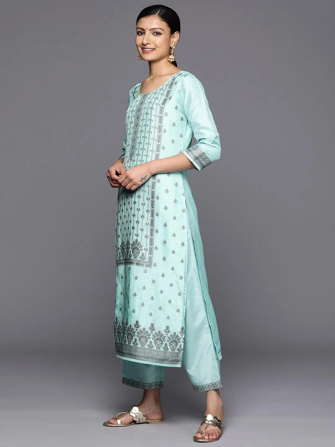 Turquoise Blue Woven Design Silk Blend Straight Kurta With Trousers & Dupatta - Libas