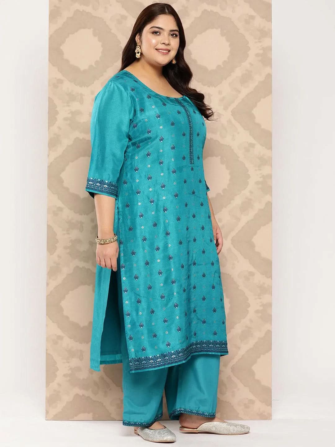 Turquoise Blue Woven Design Silk Blend Straight Kurta With Trousers and Dupatta - Libas 
