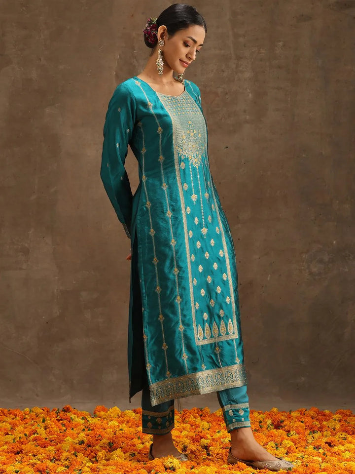 Turquoise Blue Woven Design Silk Blend Straight Suit Set With Trousers - Libas