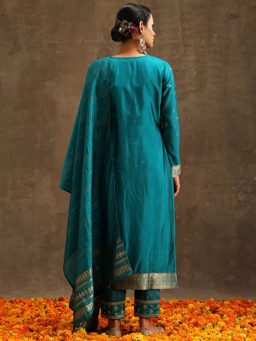 Turquoise Blue Woven Design Silk Blend Straight Suit Set With Trousers - Libas
