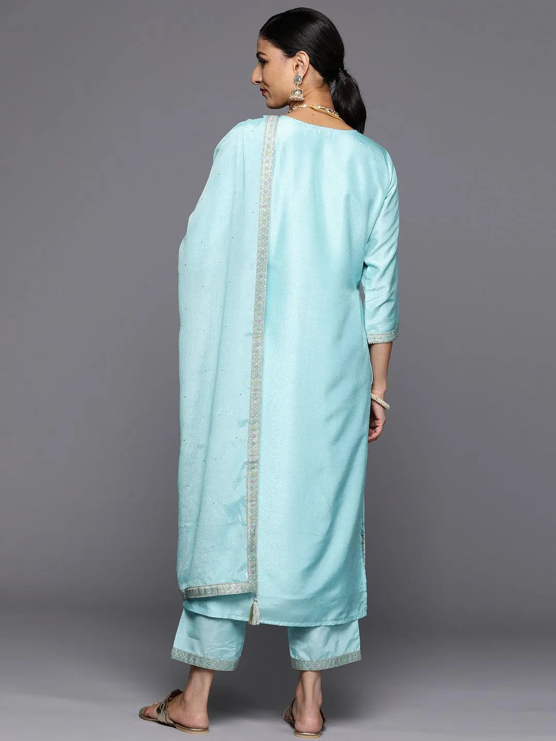 Turquoise Blue Woven Design Silk Blend Straight Kurta With Trousers & Dupatta - Libas 
