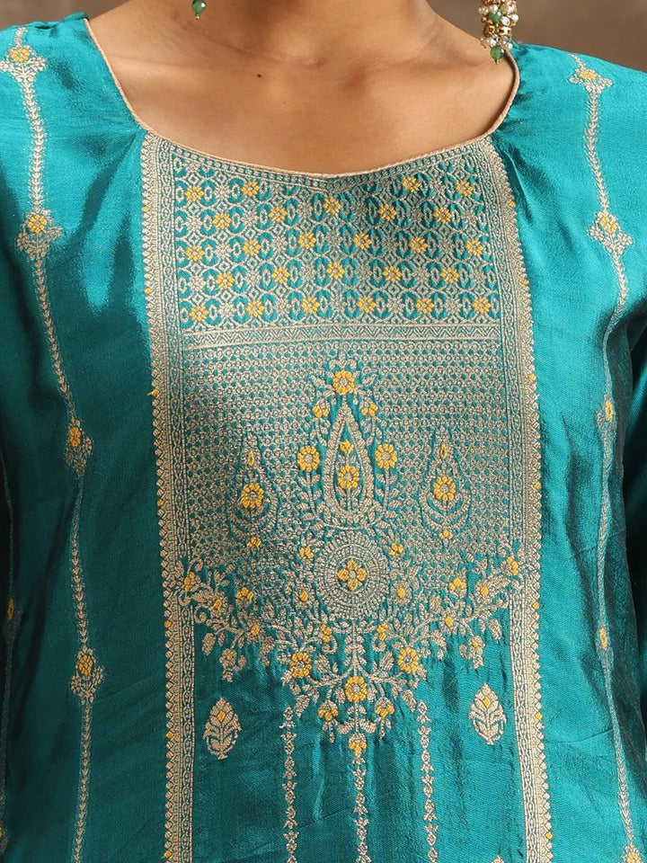 Turquoise Blue Woven Design Silk Blend Straight Suit Set With Trousers - Libas