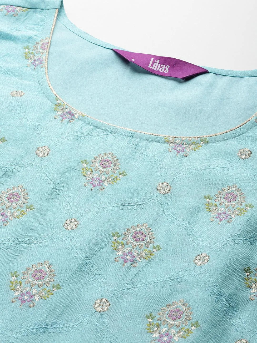 Turquoise Blue Woven Design Silk Blend Straight Kurta With Trousers & Dupatta - Libas 