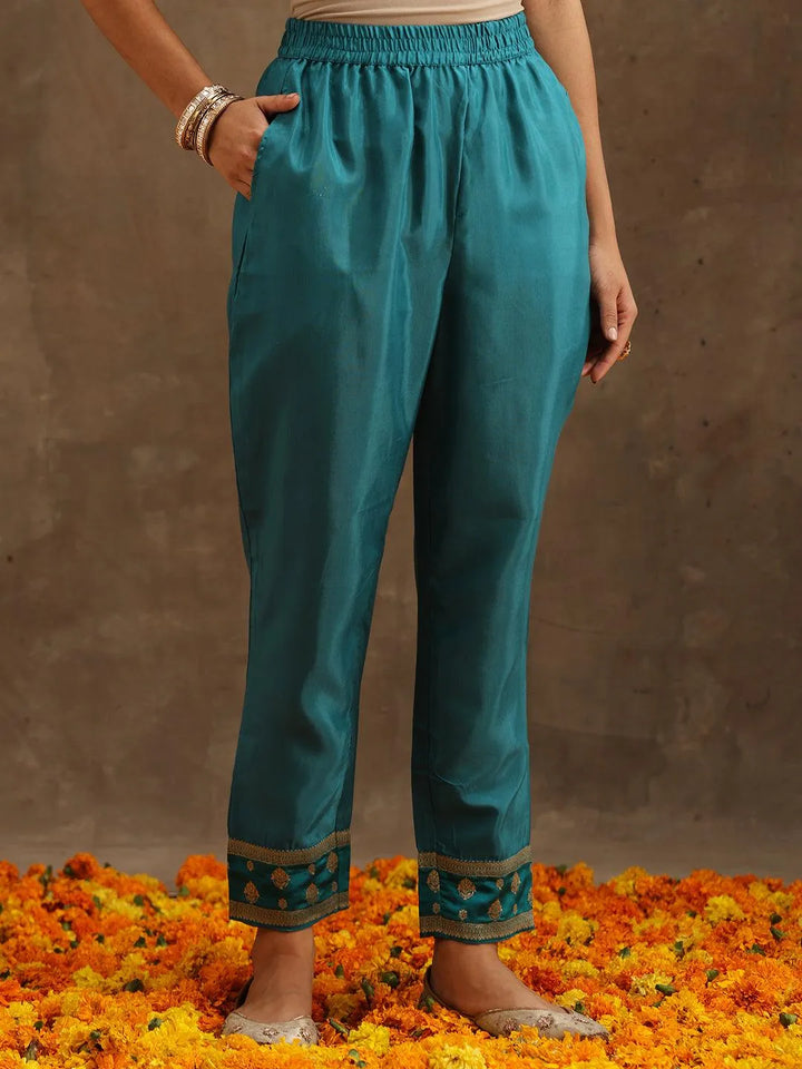 Turquoise Blue Woven Design Silk Blend Straight Suit Set With Trousers - Libas