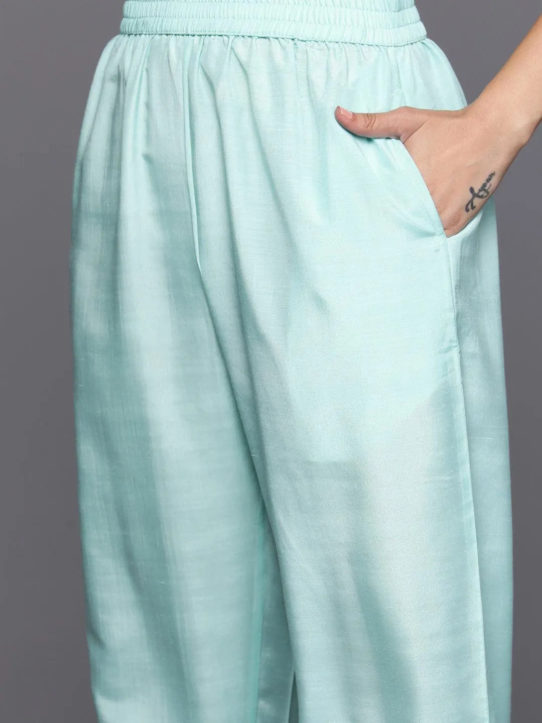 Turquoise Blue Woven Design Silk Blend Straight Kurta With Trousers & Dupatta - Libas 