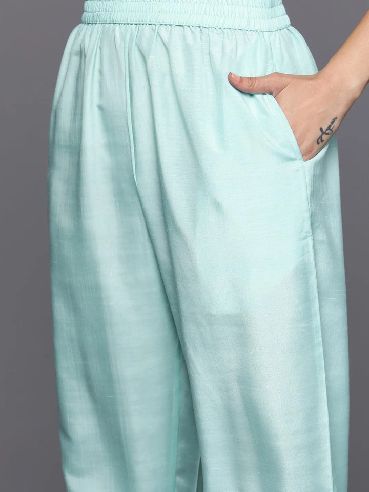 Turquoise Blue Woven Design Silk Blend Straight Kurta With Trousers & Dupatta - Libas