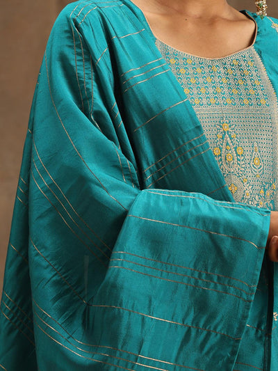 Turquoise Blue Woven Design Silk Blend Straight Suit Set With Trousers - Libas