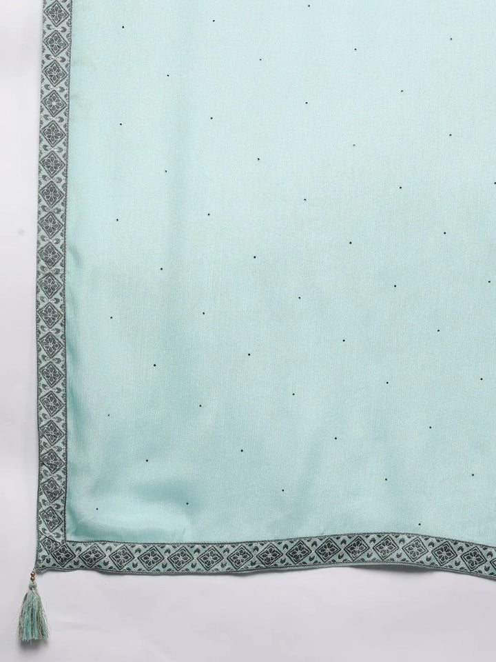 Turquoise Blue Woven Design Silk Blend Straight Kurta With Trousers & Dupatta - Libas