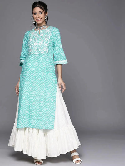 Turquoise Blue Yoke Design Cotton Kurta - Libas