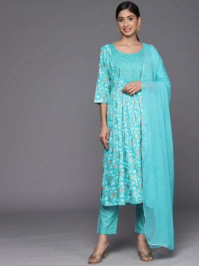 Turquoise Blue Yoke Design Rayon A-Line Suit Set With Trousers - Libas