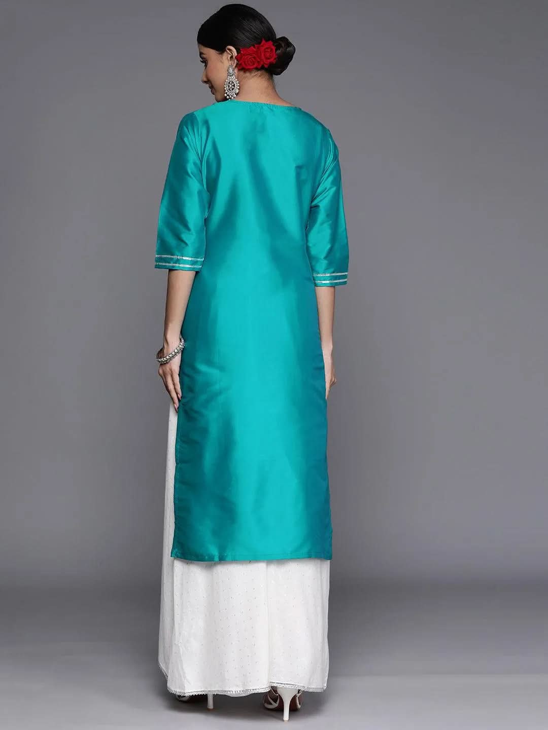 

Turquoise Blue Yoke Design Silk Straight Kurta