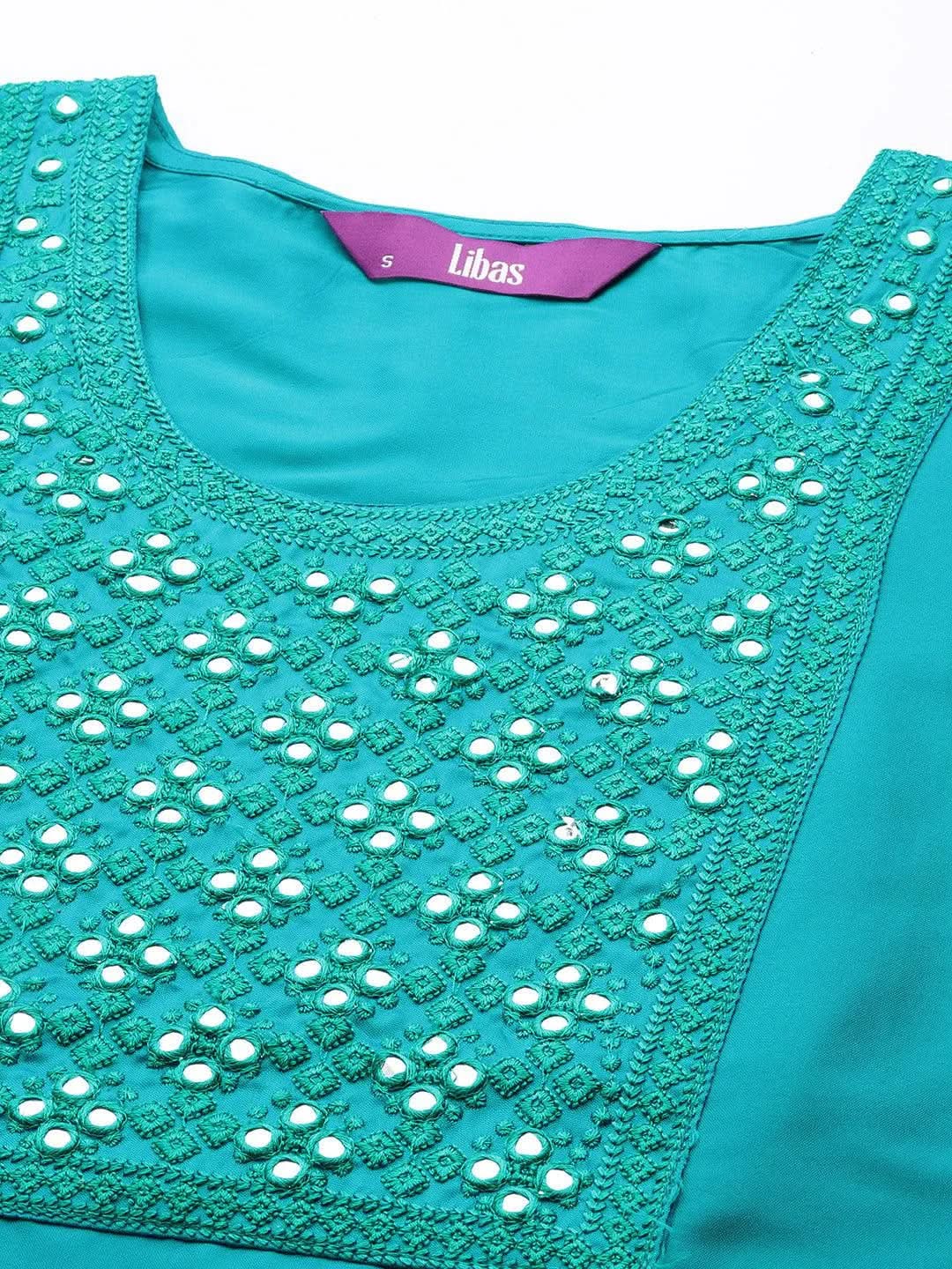 Turquoise Blue Yoke Design Silk Straight Kurta - Libas 