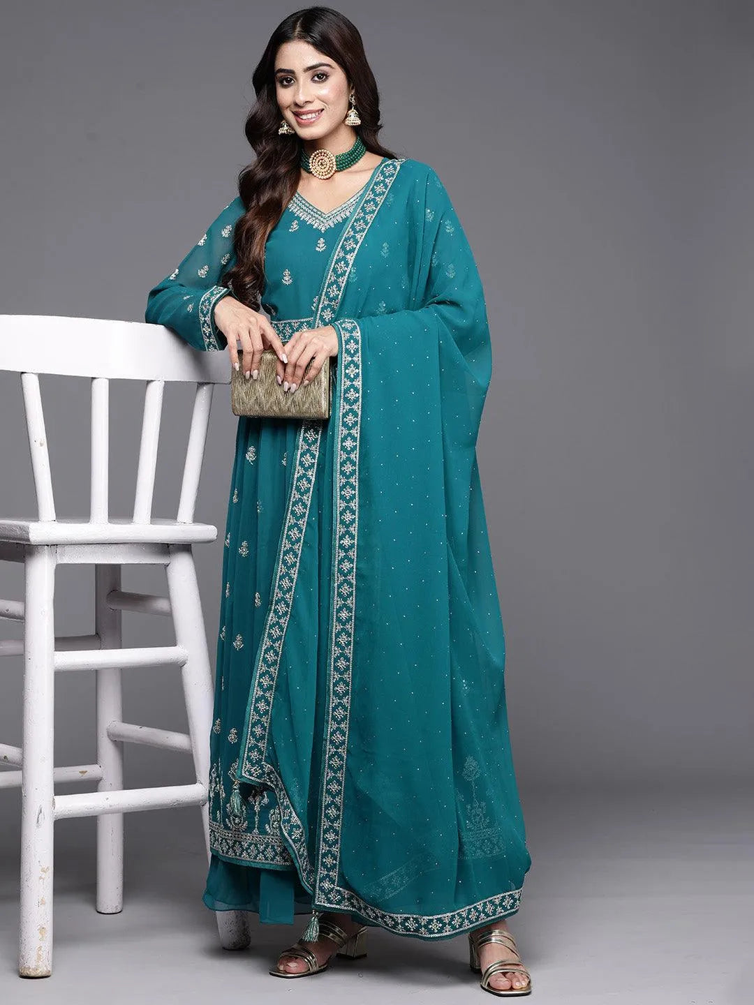 libas Turquoise Embroidered Georgette A-Line Kurta With Palazzos & Dupatta-picture-34