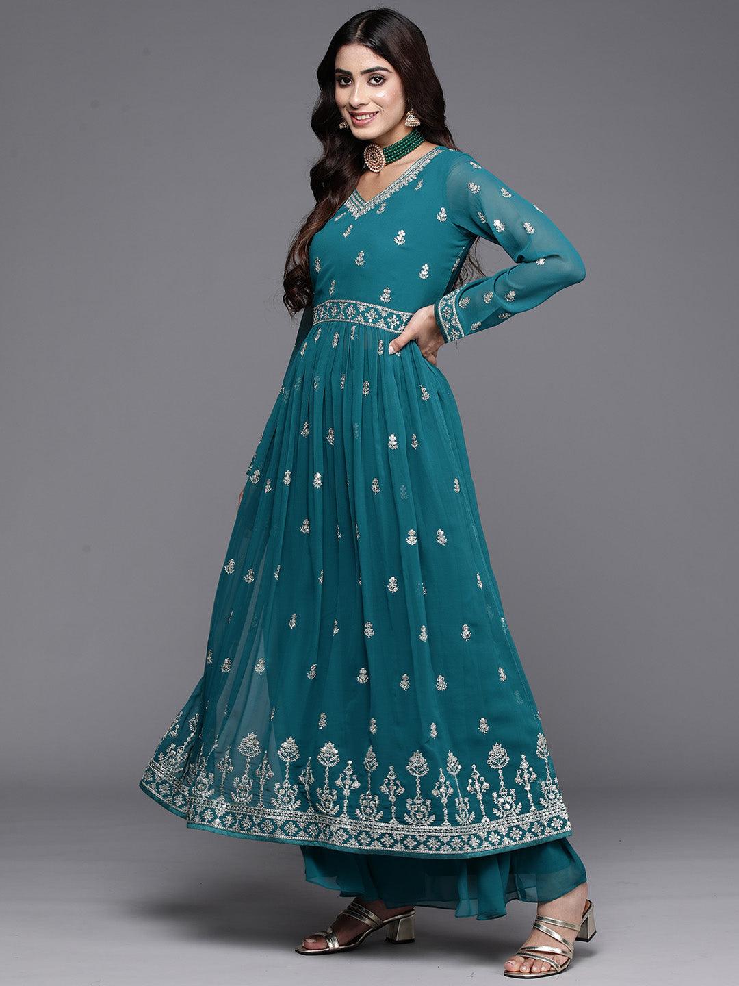 Turquoise Embroidered Georgette A-Line Kurta With Palazzos & Dupatta