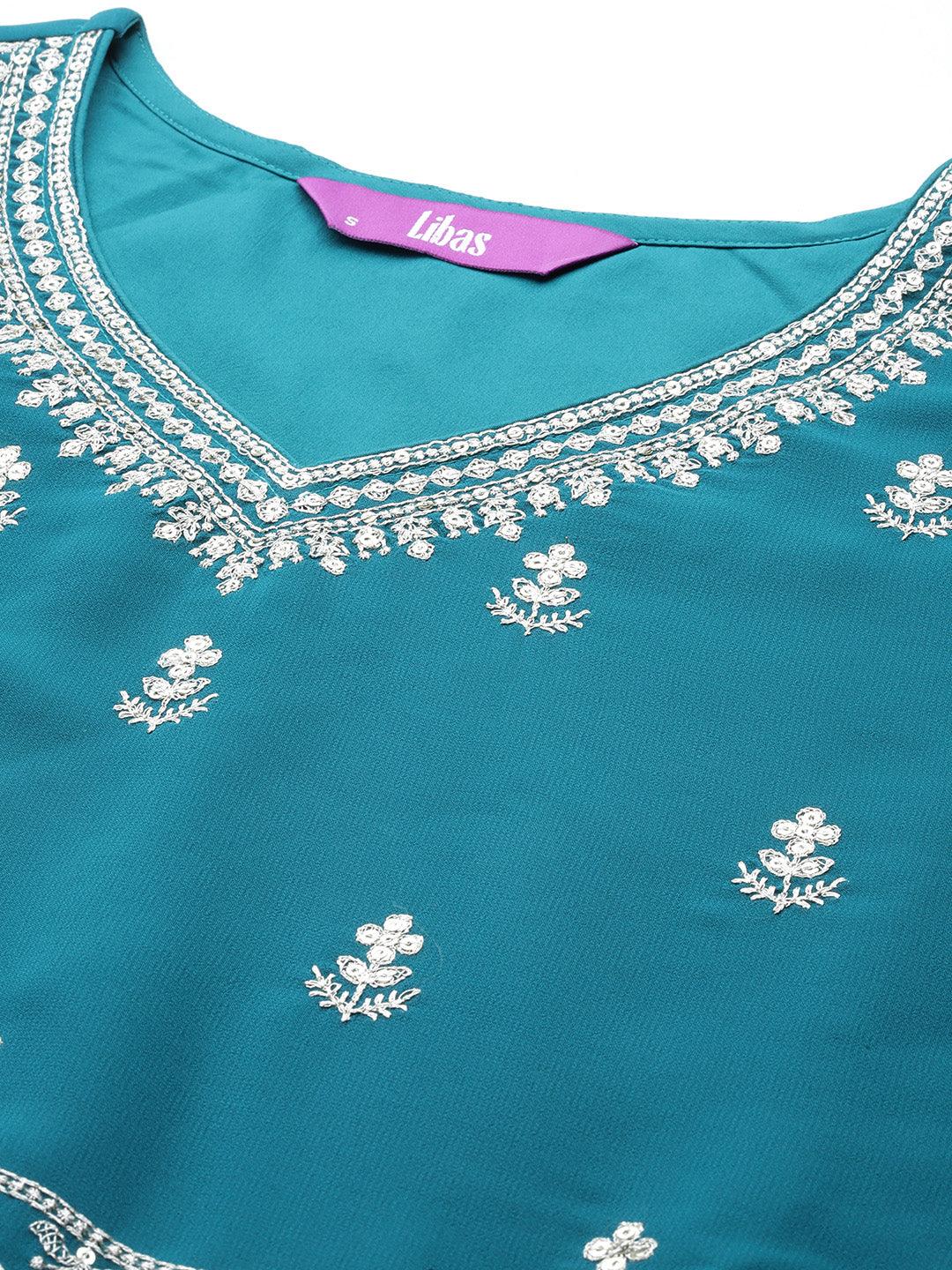 Turquoise Embroidered Georgette A-Line Kurta With Palazzos & Dupatta