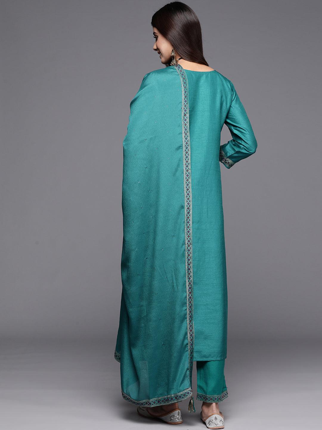 Turquoise Woven Design Silk Blend Straight Suit With Dupatta