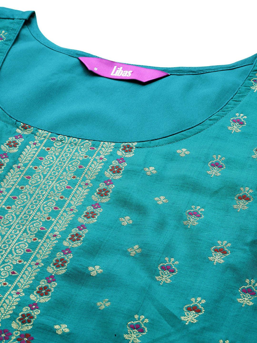 Turquoise Woven Design Silk Blend Straight Suit With Dupatta