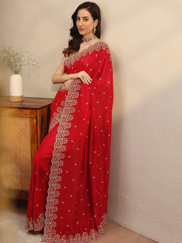 Vermilion Red Floral Embroidered Silk Blend Saree