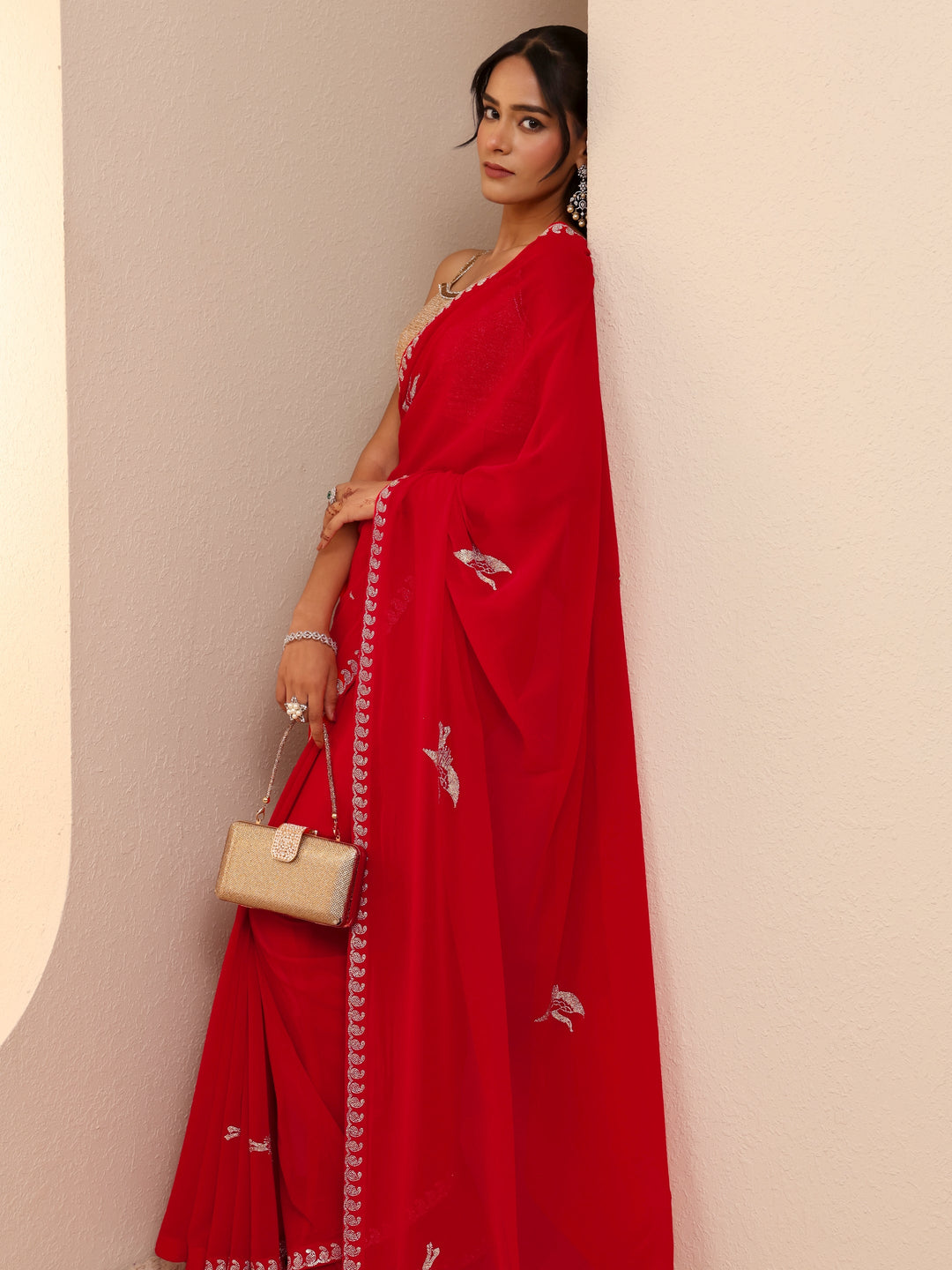  Vermilion Red Georgette Saree 